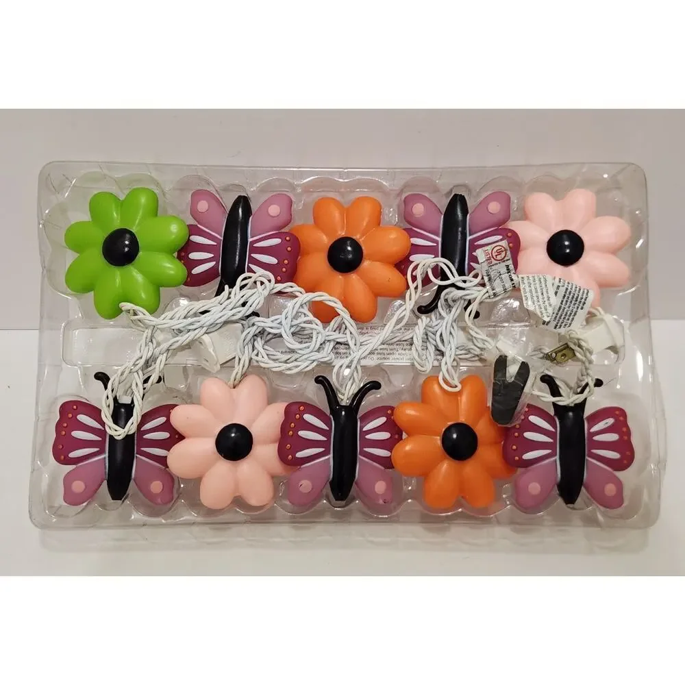 Vintage Butterfly & Flower Blow Mold String Lights Patio Indoor/Outdoor Set Of 2
